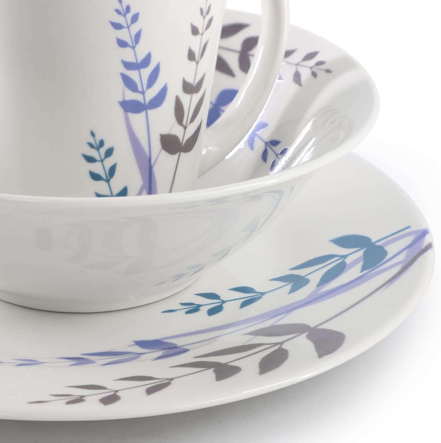 Gibson Home Blue Leaves 12 Piece Round Fine Ceramic Decorated Dinnerware Set in White Gibson Home Blue Leaves 12 Piece Round Fine Ceramic Decorated Dinnerware Set in White